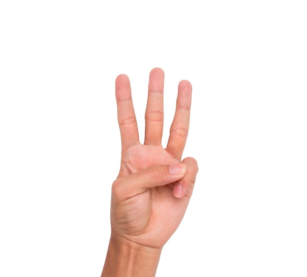 Imagen recortada de una mano que muestra tres dedos contra un fondo blanco
