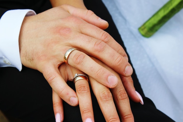 Imagen recortada de manos de mujeres con anillos