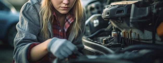 Imagen recortada de una mecánica reparando un coche en un taller de reparación de automóviles