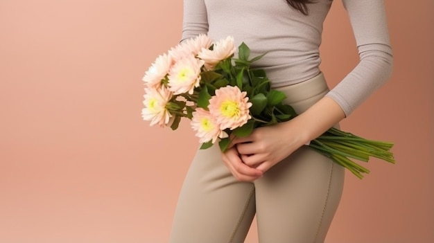 Imagen recortada de una mujer joven sosteniendo un ramo de flores blancas sobre fondo beige