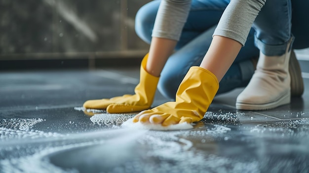 Foto una imagen recortada de una mujer limpiando el suelo con un trapo y un spray mientras está arrodillada ai generativa