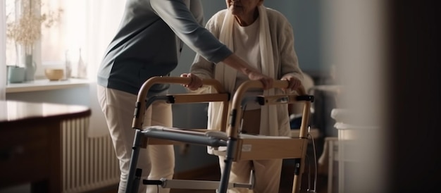 Foto imagen recortada de mujer mayor caminando con andador en hogar de ancianos ai generativo