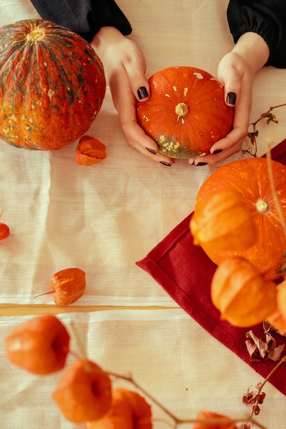 Imagen recortada de una mujer sosteniendo una calabaza en sus manos