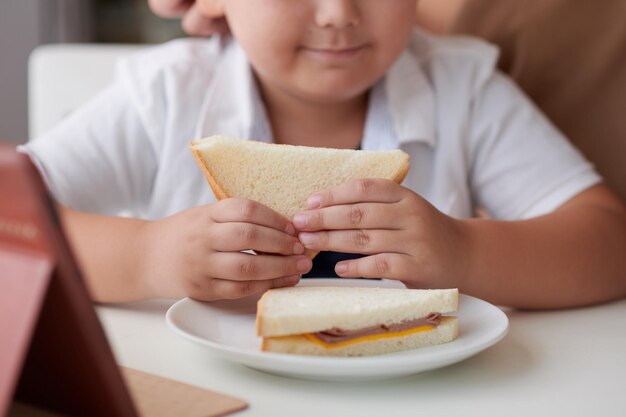 Imagen recortada de un niño comiendo un sabroso sándwich con jamón y queso