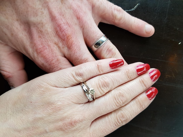 Foto imagen recortada de una pareja casada con anillo de bodas en la mesa