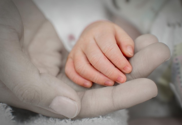 Imagen recortada de una persona sosteniendo la mano de un bebé