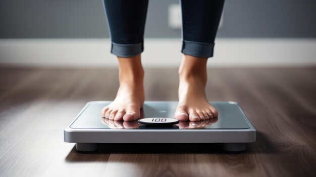 Imagen recortada de pies de mujer de pie en básculas