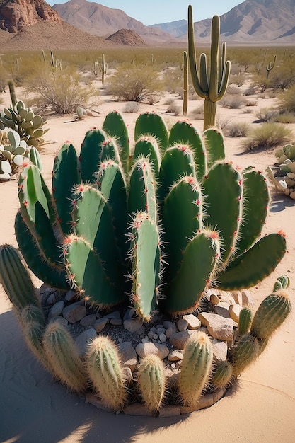 Una imagen redonda de una planta de cactus en un paisaje desértico generativo ai