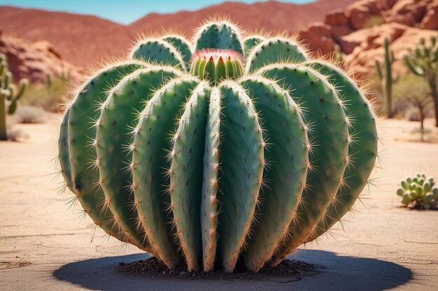 Una imagen redonda de una planta de cactus en un paisaje desértico generativo ai