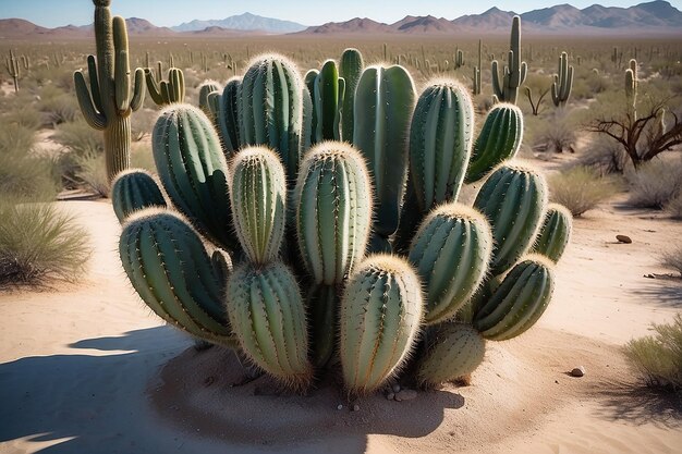 Una imagen redonda de una planta de cactus en un paisaje desértico generativo ai