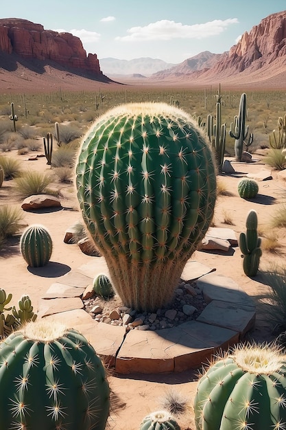 Una imagen redonda de una planta de cactus en un paisaje desértico generativo ai