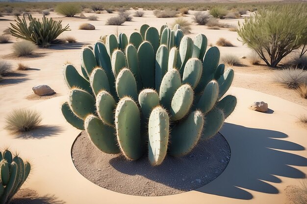 Una imagen redonda de una planta de cactus en un paisaje desértico generativo ai