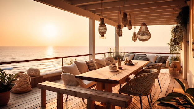Una imagen refinada de la elegante terraza de un bungalow que ofrece lujosos servicios y vistas espectaculares del extenso mar