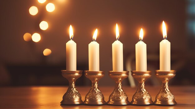 Imagen religiosa de la fiesta judía Hanukkah fondo con menorá candelabros tradicionales y velas IA generativa