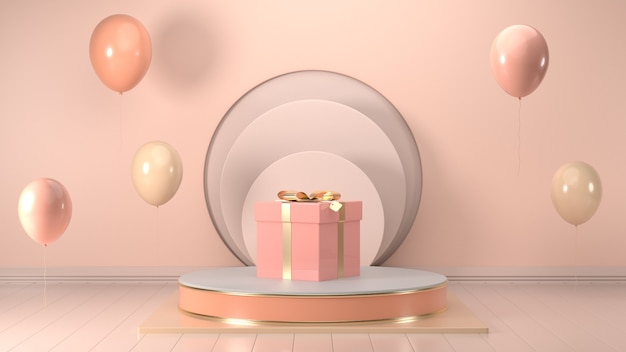 Imagen de render 3D de caja de regalo de Navidad decorar en color pastel rosa podio.