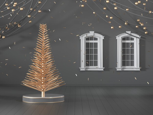 Imagen de render 3D del diseño del árbol de navidad decorar en habitación de lujo negro