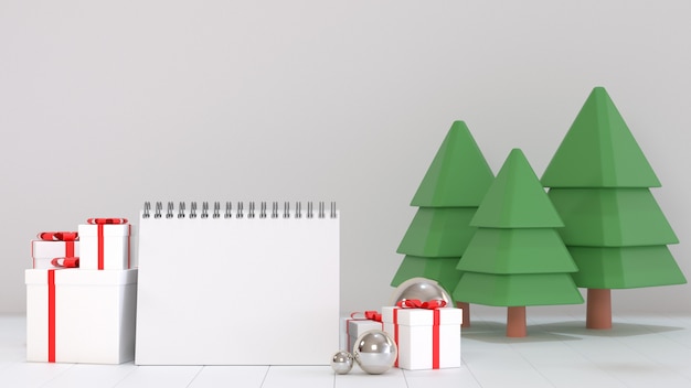 Imagen de render 3D de papel de calendario en blanco para el próximo año objetivo decorar con escenas de adornos navideños.