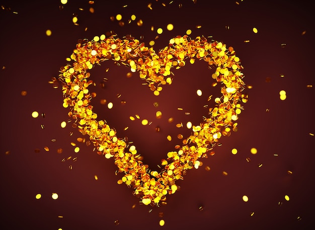 Imagen de render 3D del símbolo del corazón con muchas monedas de oro
