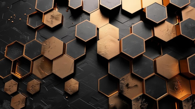Imagen renderizada en 3D de formas hexagonales en la superficie que muestra tonos negros y metálicos de contraste