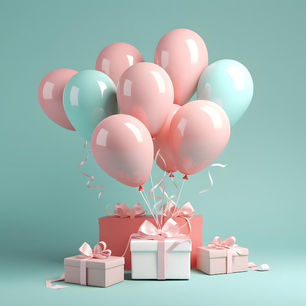 Una imagen renderizada en 3D de globos con regalos en el aire