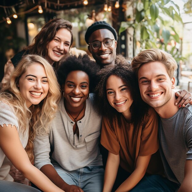 Foto imagen renderizada en 3d de un grupo feliz de amigos de diversas etnias