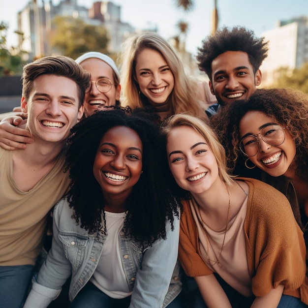 Foto imagen renderizada en 3d de un grupo feliz de amigos de diversas etnias