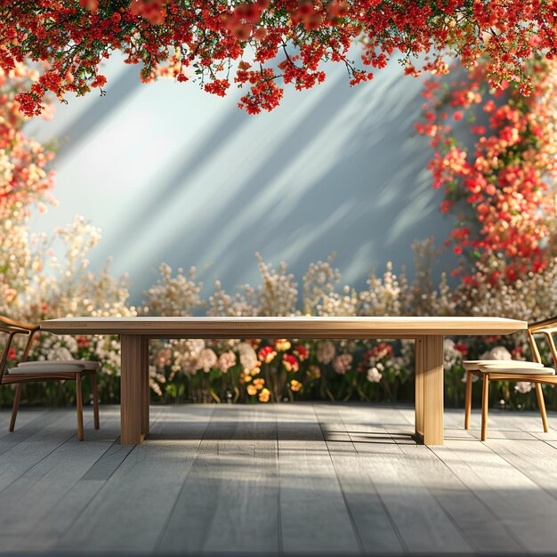 Imagen renderizada en 3D de una mesa al aire libre en el patio con flores