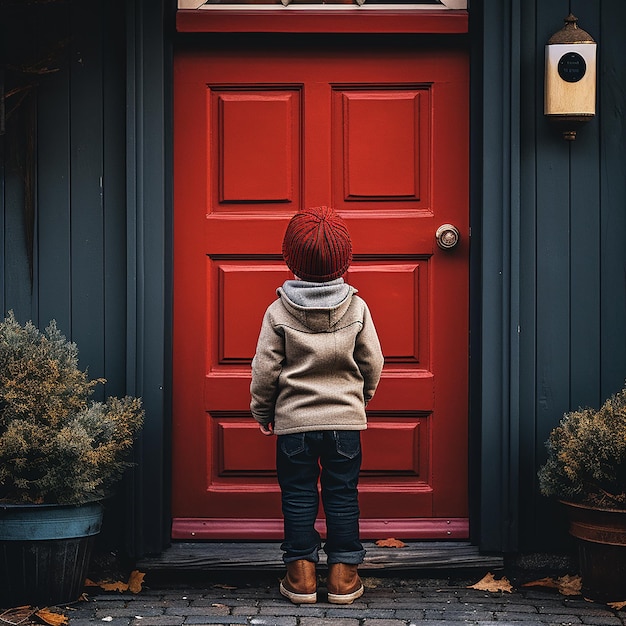 Una imagen renderizada en 3D de un niño de pie frente a una puerta roja en el fondo abstracto