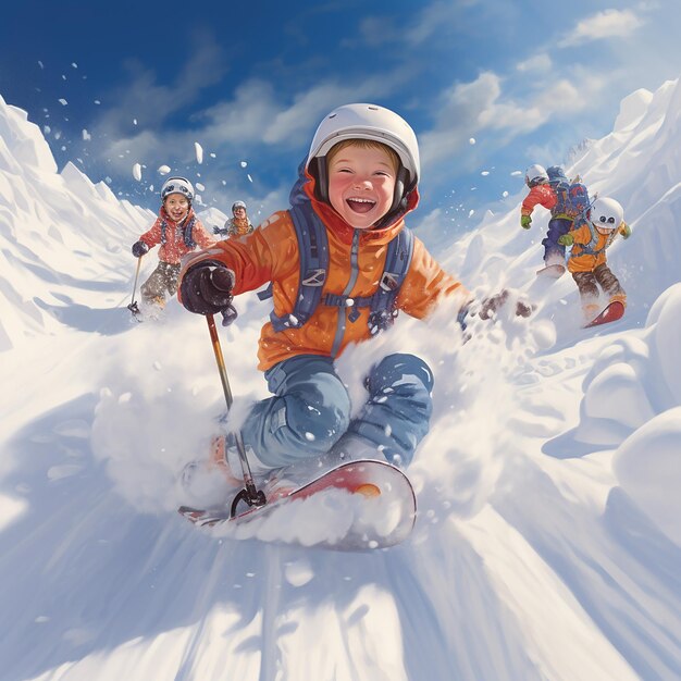 Imagen renderizada en 3D de niños esquiando por la pendiente en nieve profunda en invierno