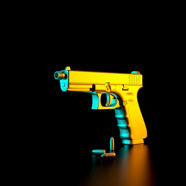 Imagen renderizada en 3D de una pistola de 9 mm y balas