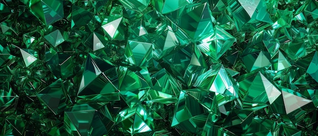 La imagen se representa en 3D con un fondo de cristal verde abstracto, textura facetada, gema esmeralda macro y un panorama