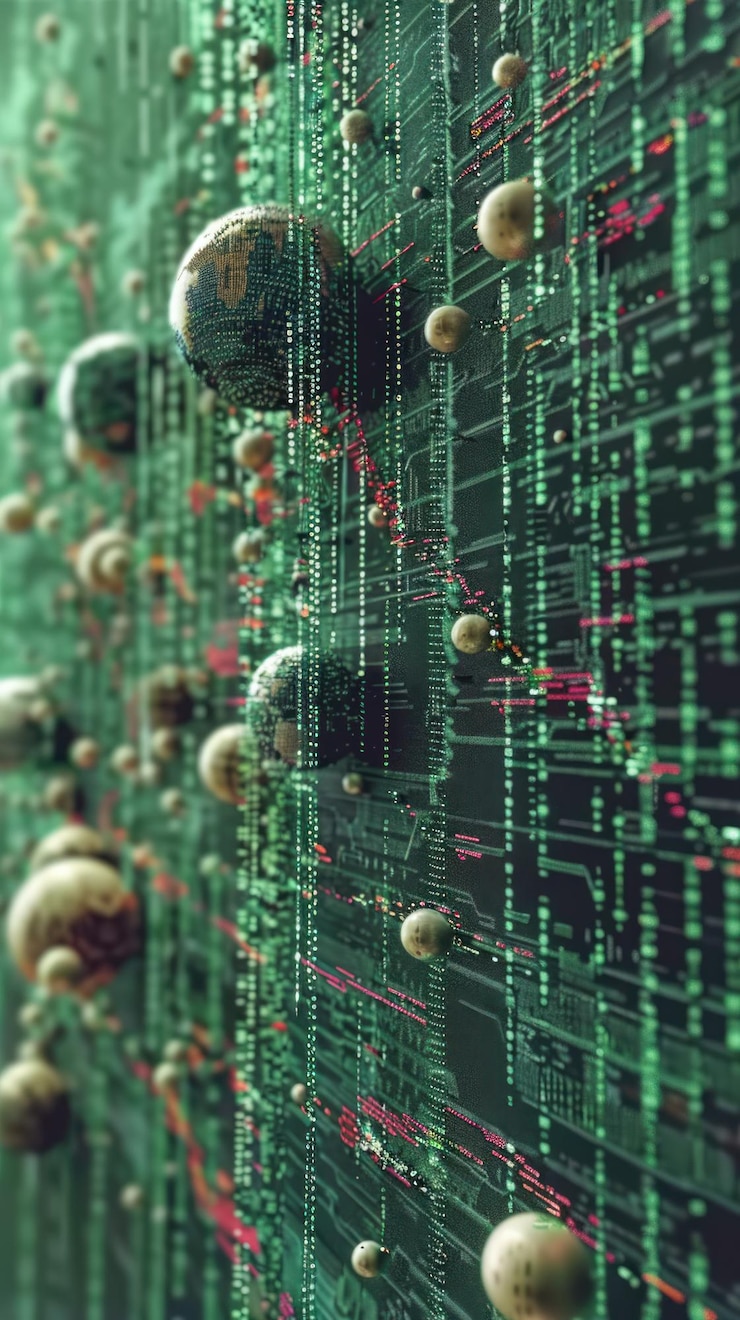 Foto la imagen representa una intrincada serie de códigos informáticos representados en vibrantes tonos azules y verdes