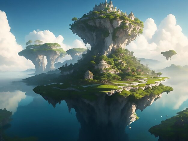 En esta imagen se representa una isla flotante hermosa, serena y majestuosa