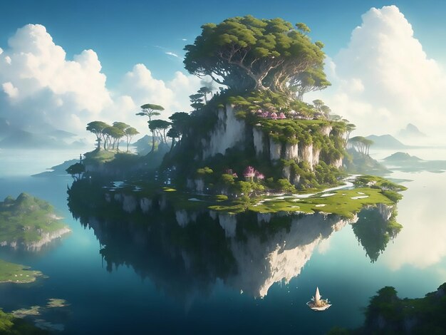 En esta imagen se representa una isla flotante hermosa, serena y majestuosa