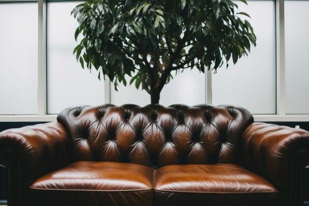 La imagen representa una maqueta de un gabinete en una sala de estar contemporánea con un sofá de cuero y un p