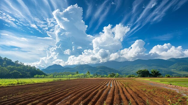 La imagen representa un paisaje agrícola con un cielo azul nublado