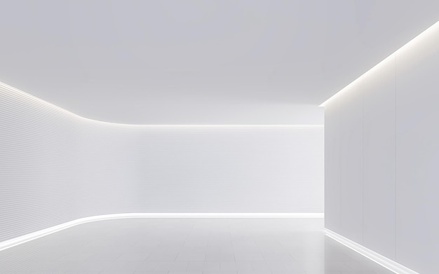 Imagen de representación 3d interior del espacio moderno de la habitación blanca vacía. Una pared en blanco con blanco puro. Decora la pared con un patrón de línea de horizonte y luz oculta