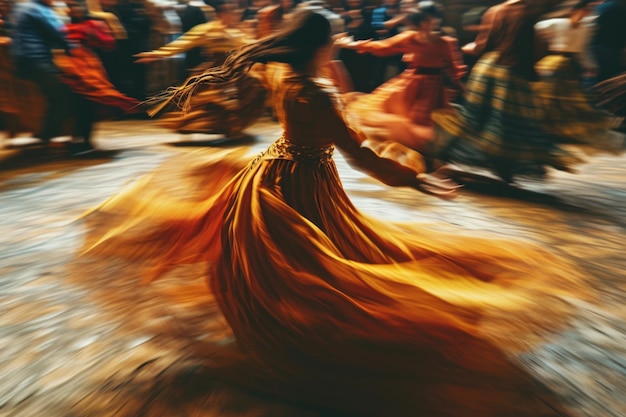 Esta imagen resume el júbilo de una danza de Purim con los participantes girando alegremente en un círculo sus movimientos transmitiendo el espíritu festivo
