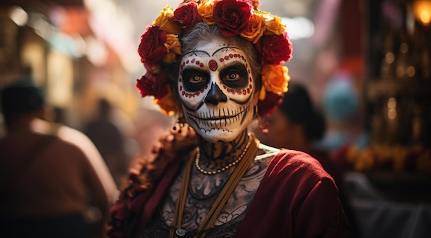 imagen retrato mujer disfraz de fiesta del día de los muertos en México con flores