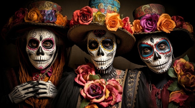 imagen retrato traje de fiesta del día de los muertos en México con flores