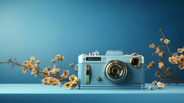 Imagen retro y azulada de una cámara fotográfica azul analógica sobre un fondo azul