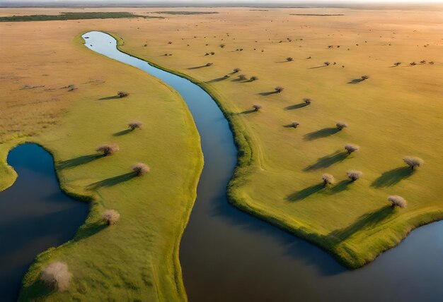 Foto una imagen de un río con casas en el medio y un río en el medio