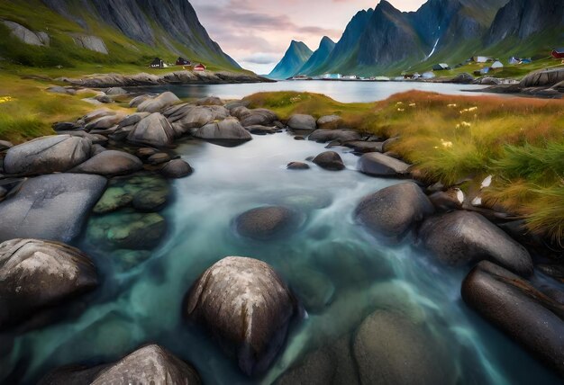 Foto una imagen de un río con montañas en el fondo