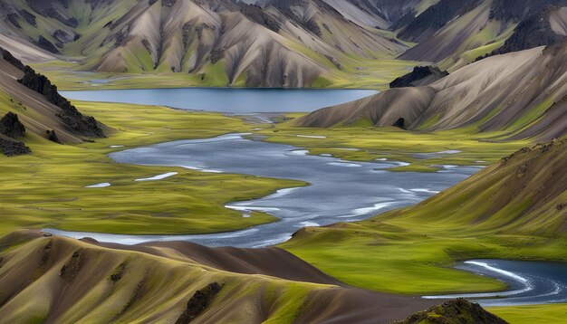 una imagen de un río y montañas con un río en el fondo