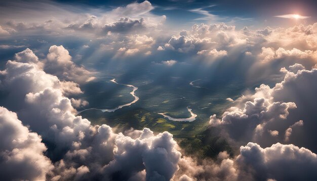 una imagen de un río y nubes con un río debajo