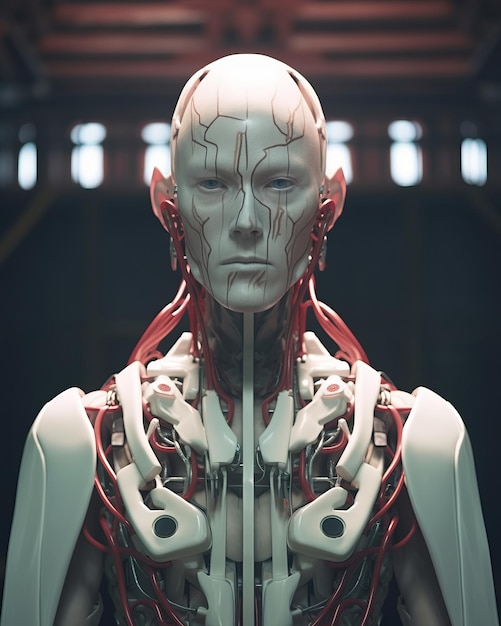 Una imagen de un robot con cables rojos y blancos