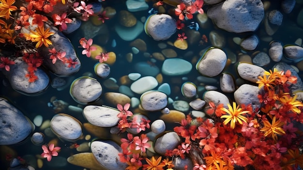 Una imagen de rocas y flores con un fondo azul.