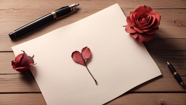 Imagen romántica del Día de San Valentín hay un corazón rojo papel en blanco y rosas frescas en madera