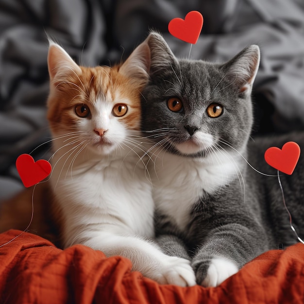 Imagen romántica de dos gatos abrazándose con corazones alrededor.