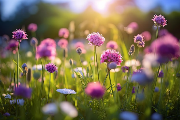 Imagen romántica de ensueño de flores silvestres bajo el sol